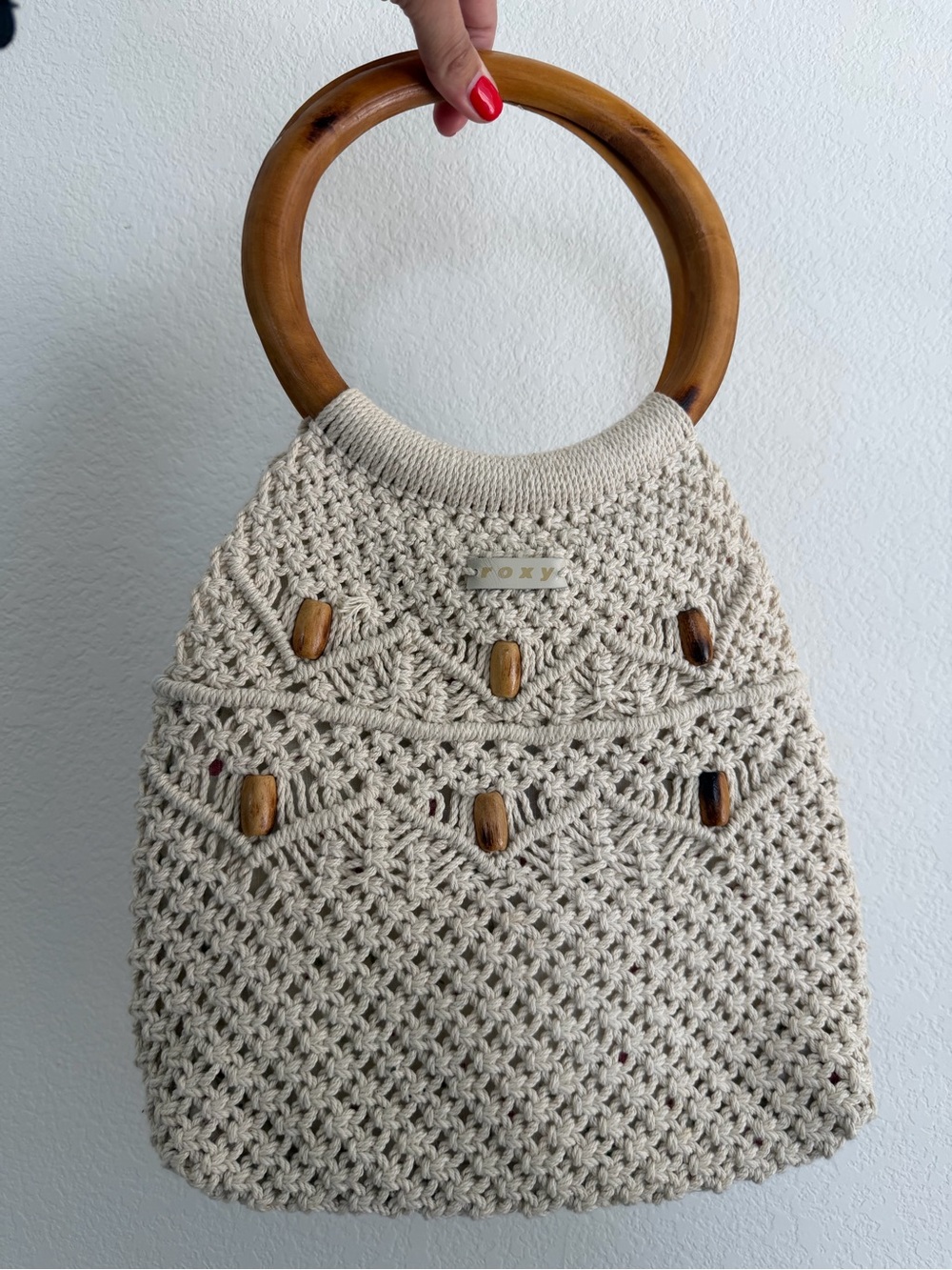 Vintage Roxy Crochet Tote Bag with Wooden Handles